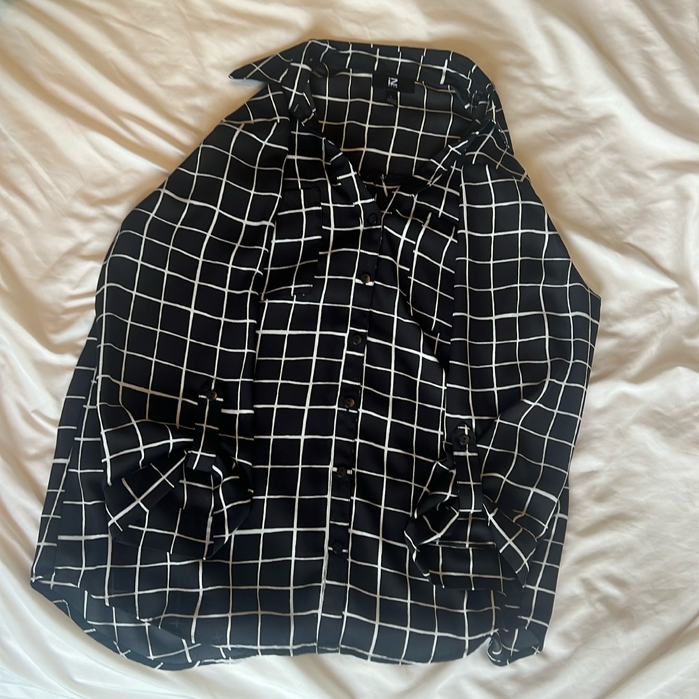 Light geometric black and white button down blouse
